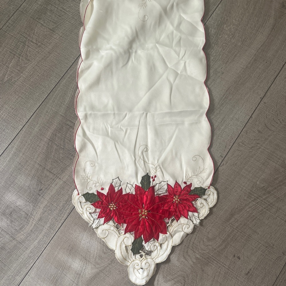 Satin cloth 86” x 13” table runner Christmas holiday embroidered poinsettia